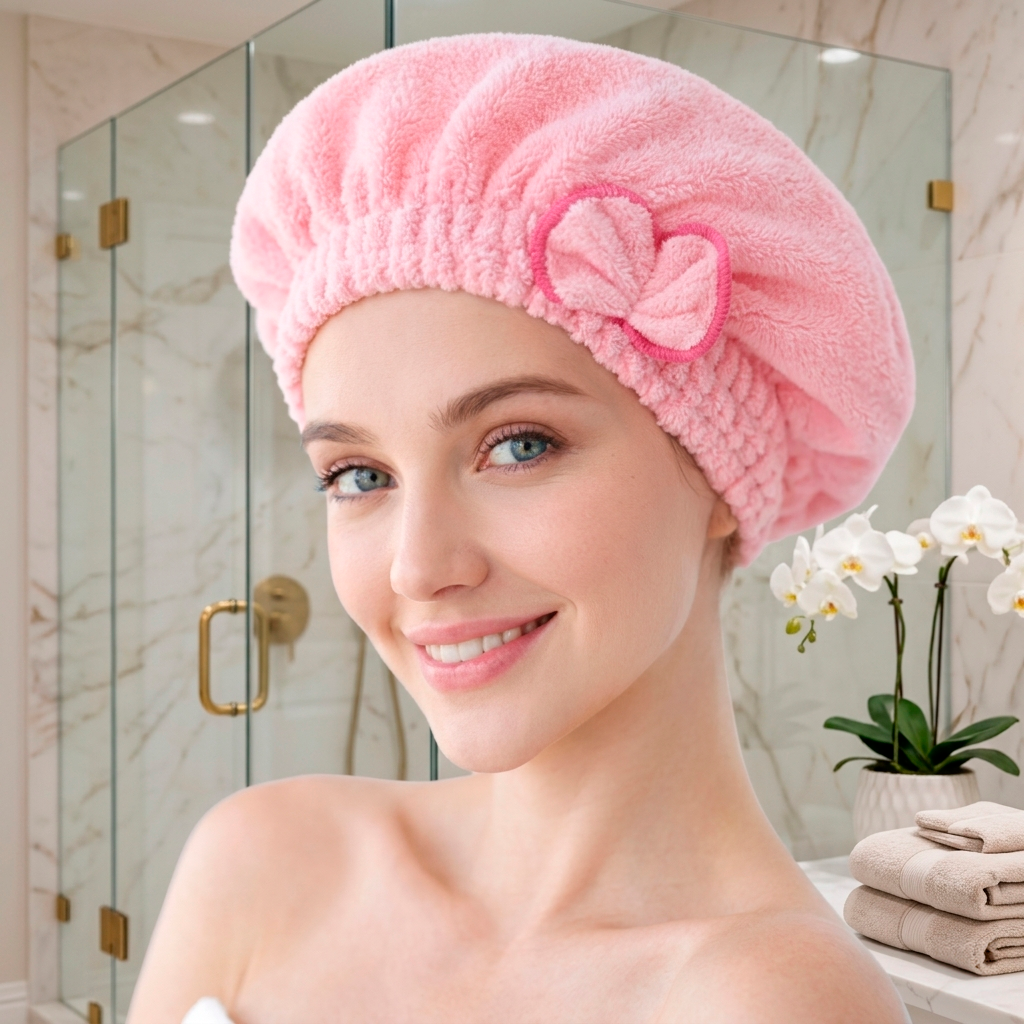 Mulher usando Touca Mágica Microfibra rosa